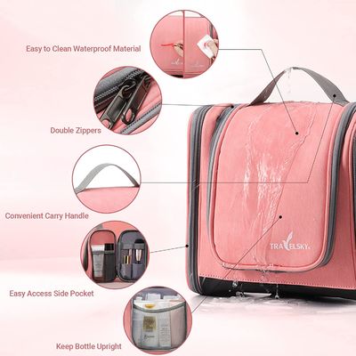 Kadınlar için Asılı Tuvalet Çantası, Pembe Makyaj Seyahat Banyo Çantası, Su Geçirmez Orta Bayanlar Seyahat Tuvalet Çantası