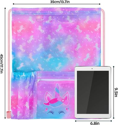 Örgü İpli Sırt Çantası Fermuarlı Cebi ile Plaj Çantası Yüzme Dişli Sırt Çantası Spor Saklama Çantası Çocuklar için